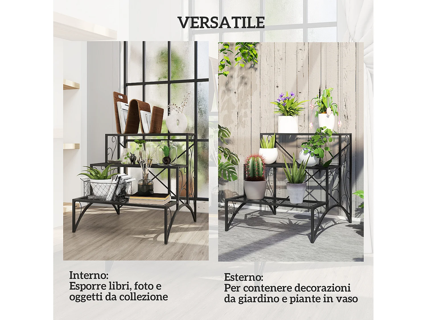 Scaffale portavasi a scaletta 3 livelli per interno ed esterno nero