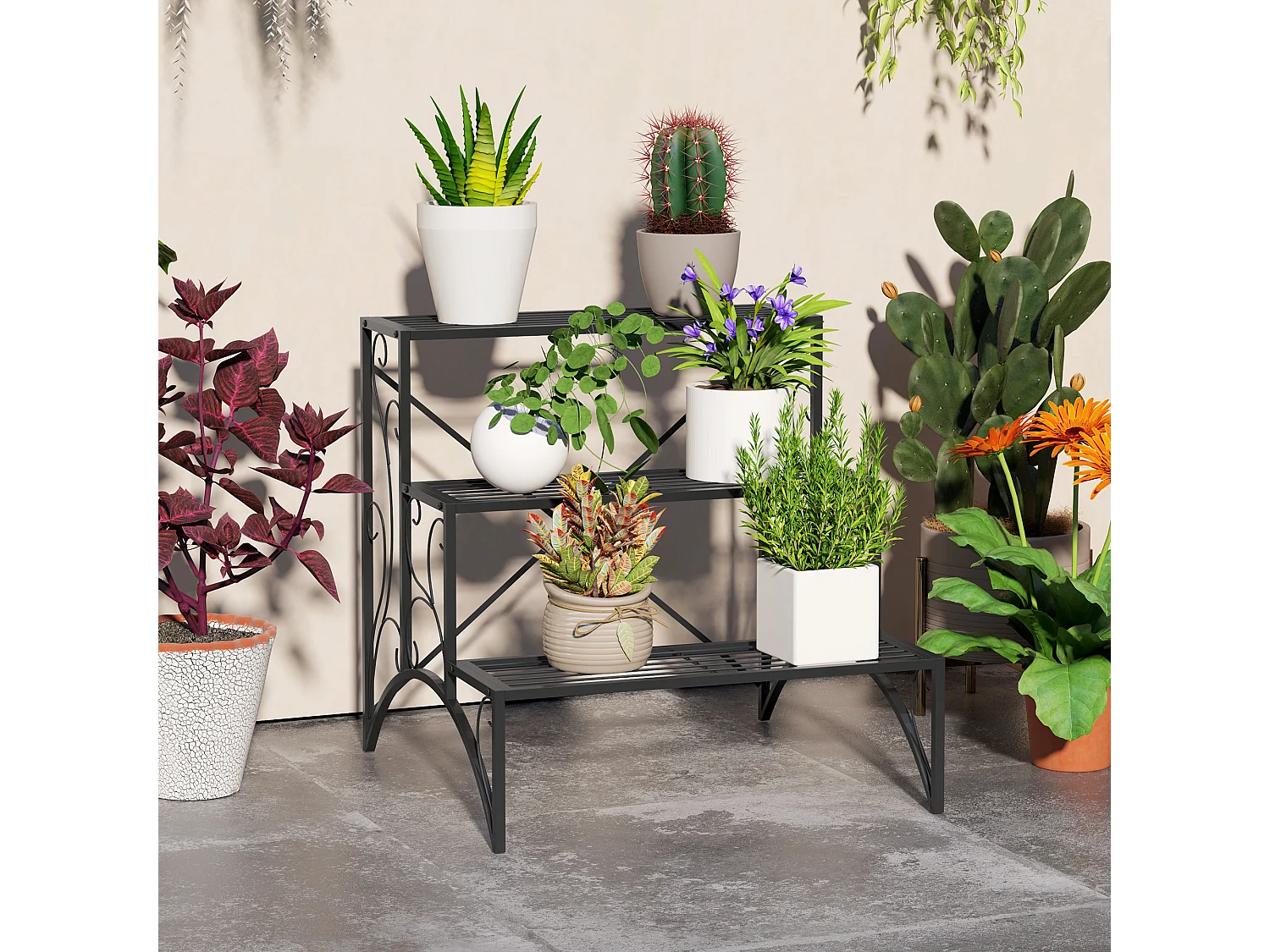 Scaffale portavasi a scaletta 3 livelli per interno ed esterno nero