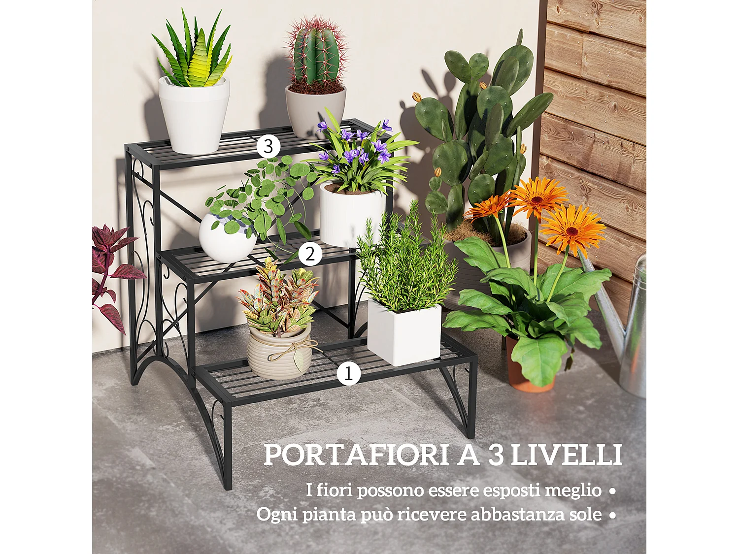 Scaffale portavasi a scaletta 3 livelli per interno ed esterno nero