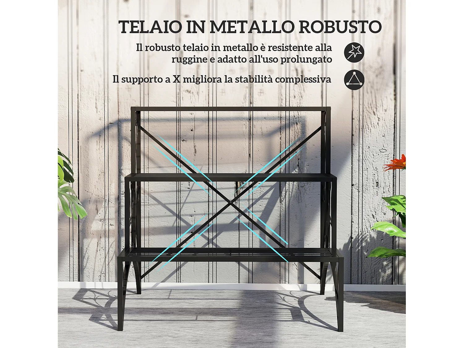 Scaffale portavasi a scaletta 3 livelli per interno ed esterno nero