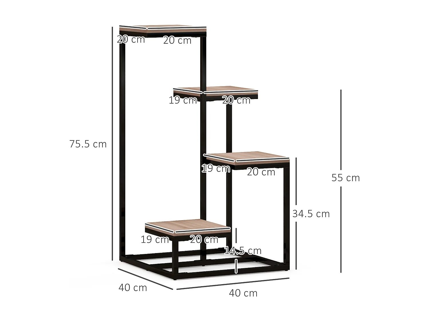 Scaffale per piante 4 livelli in acciaio e legno marrone nero