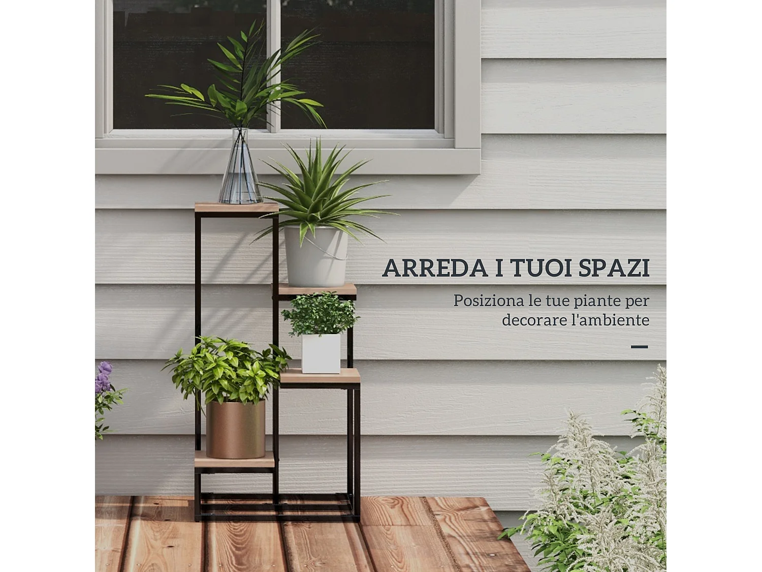 Scaffale per piante 4 livelli in acciaio e legno marrone nero