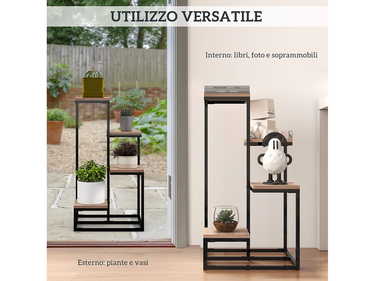 Scaffale per piante 4 livelli in acciaio e legno marrone nero