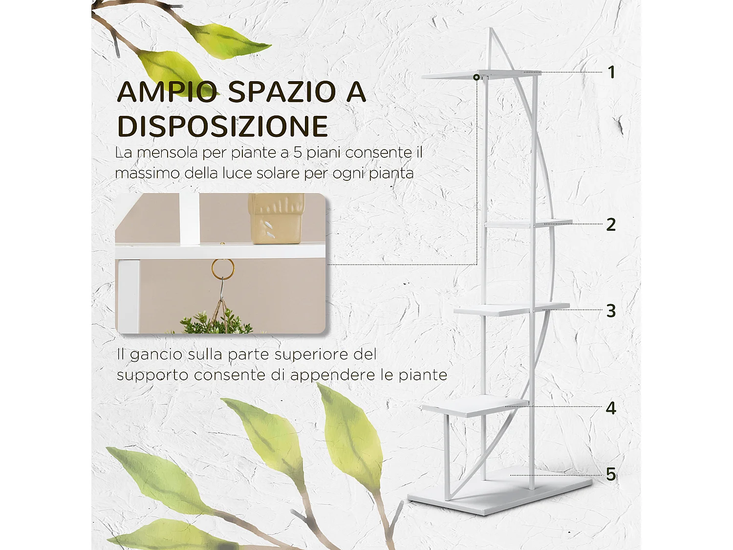 Portafiori 5 livelli a mezzaluna da interni ed esterni bianco
