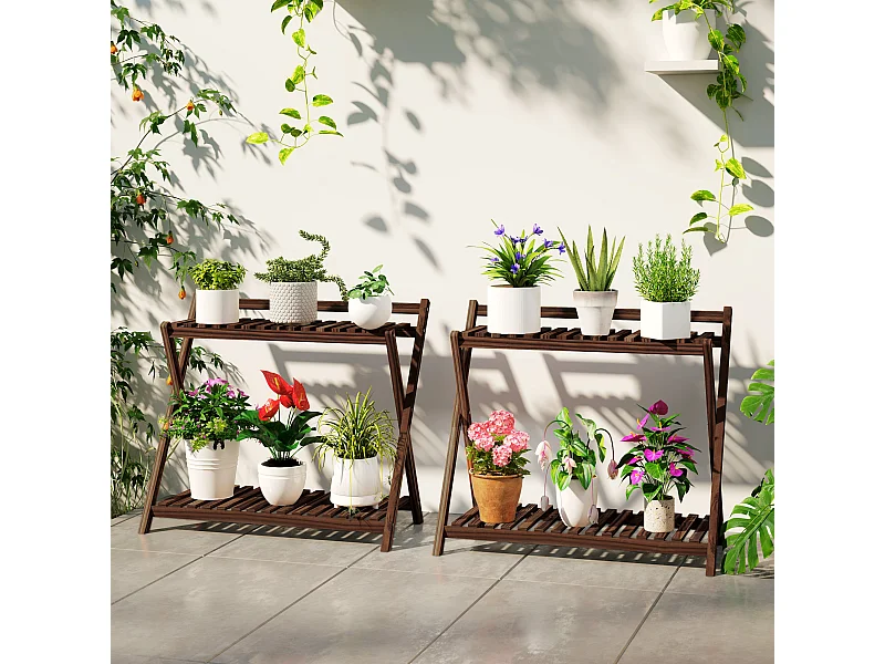 Set 2 portapiante 2 livelli a doghe in legno di abete marrone bruciato