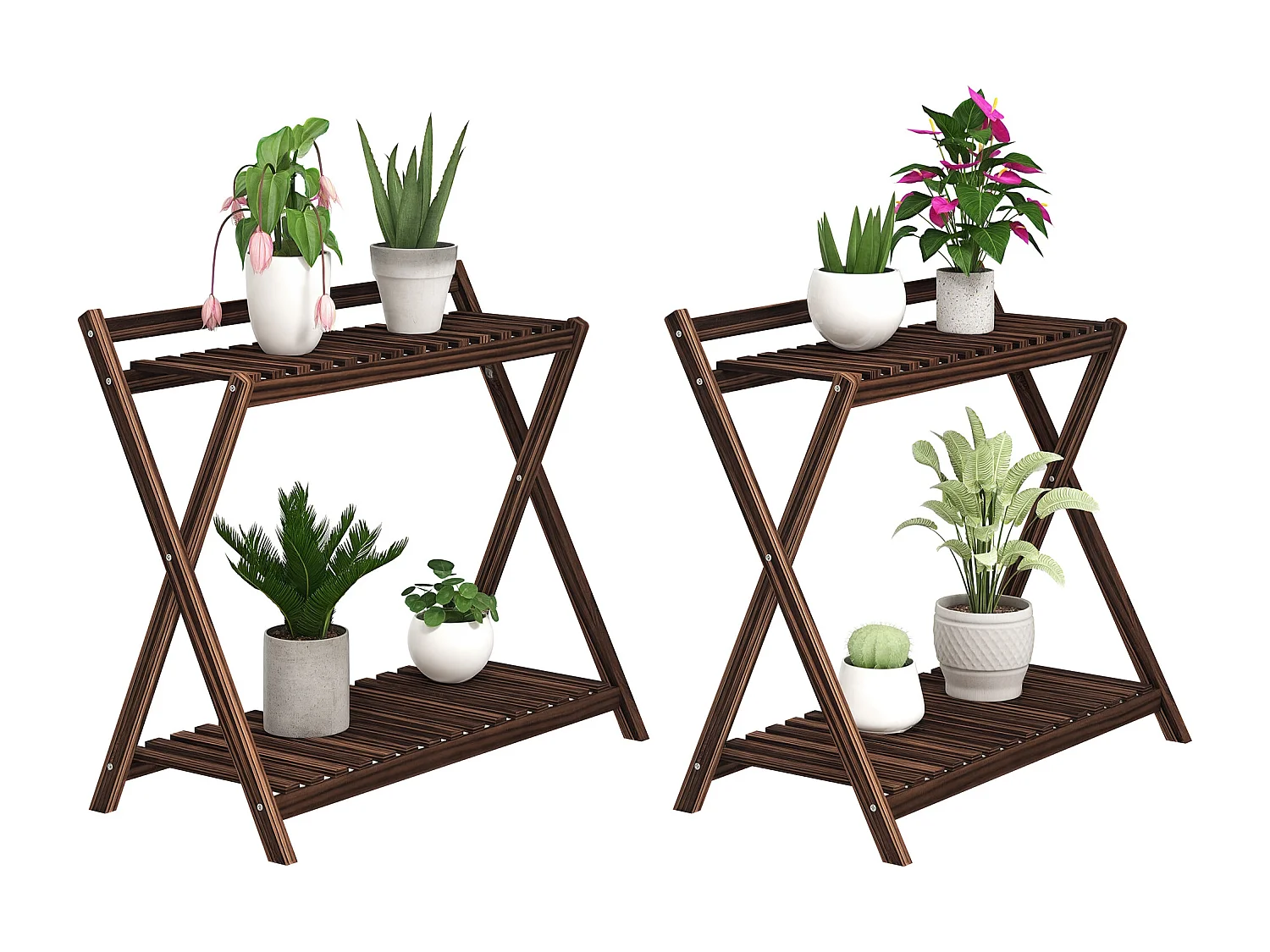 Set 2 portapiante 2 livelli a doghe in legno di abete marrone bruciato