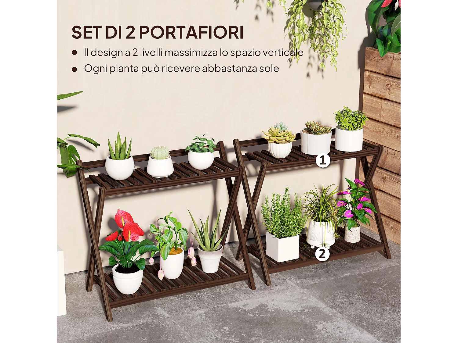 Set 2 portapiante 2 livelli a doghe in legno di abete marrone bruciato