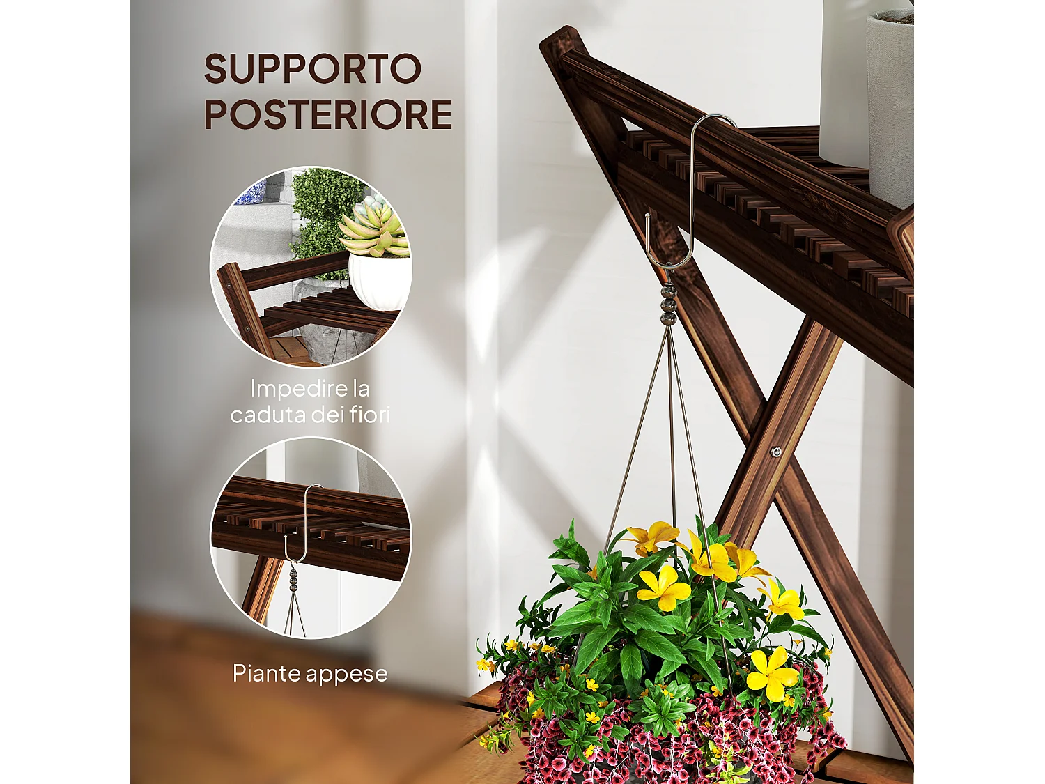 Set 2 portapiante 2 livelli a doghe in legno di abete marrone bruciato