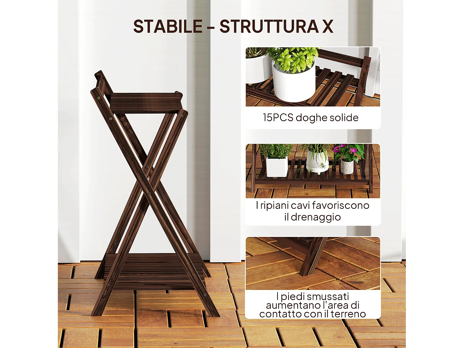 Set 2 portapiante 2 livelli a doghe in legno di abete marrone bruciato