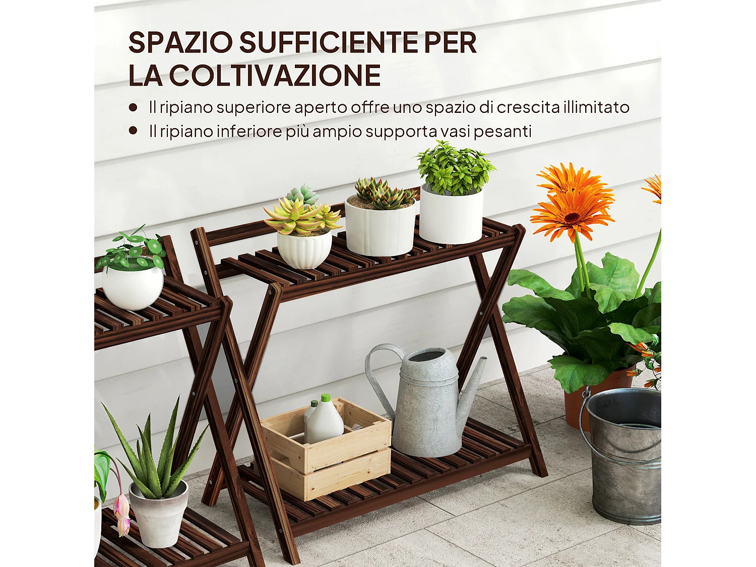 Set 2 portapiante 2 livelli a doghe in legno di abete marrone bruciato