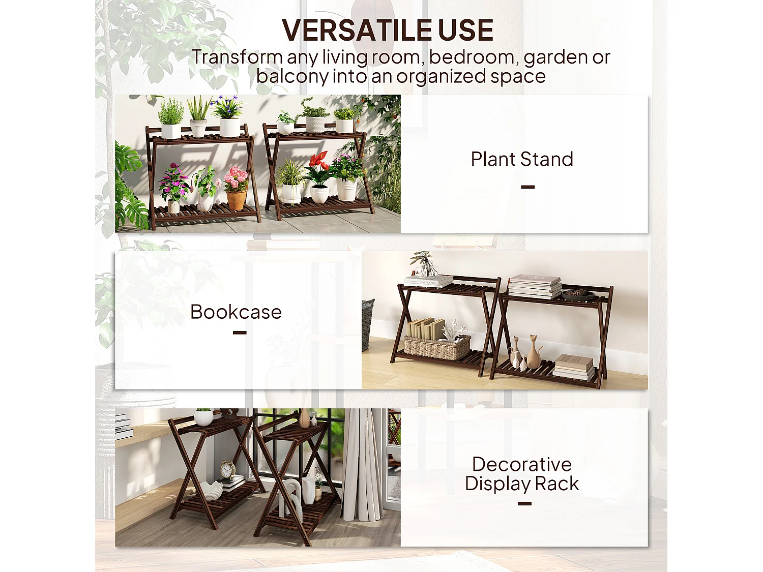 Set 2 portapiante 2 livelli a doghe in legno di abete marrone bruciato