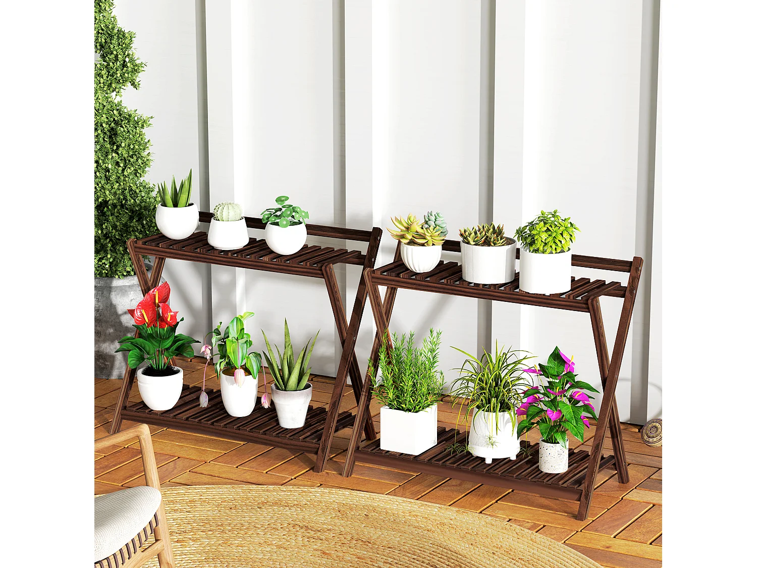 Set 2 portapiante 2 livelli a doghe in legno di abete marrone bruciato