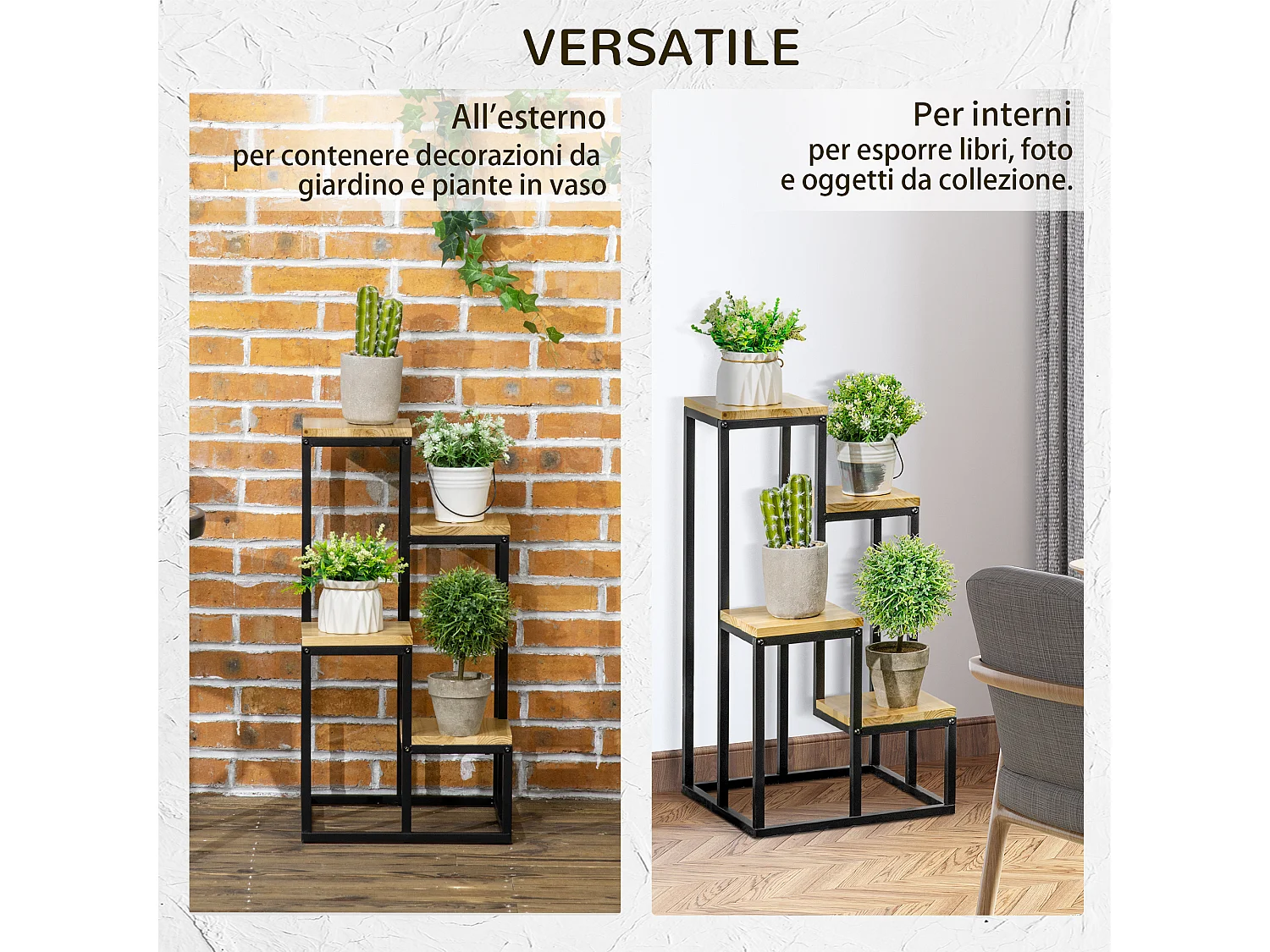 Scaffale per piante 4 livelli da interno ed esterno metallo e legno