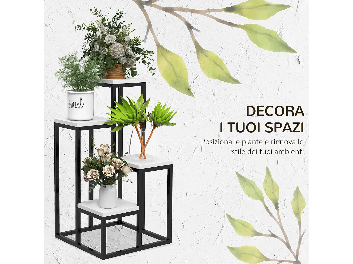 Scaffale per piante a 4 livelli in acciaio e legno bianco e nero