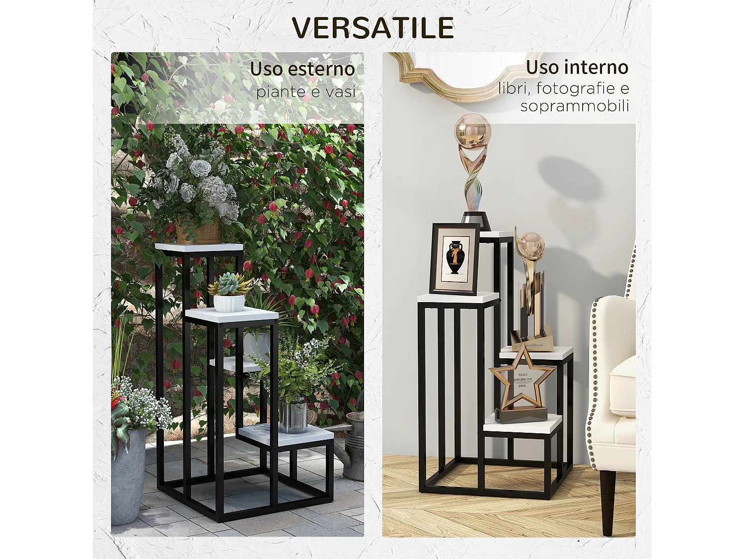 Scaffale per piante a 4 livelli in acciaio e legno bianco e nero