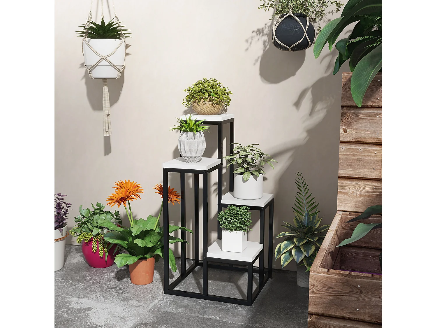 Scaffale per piante a 4 livelli in acciaio e legno bianco e nero