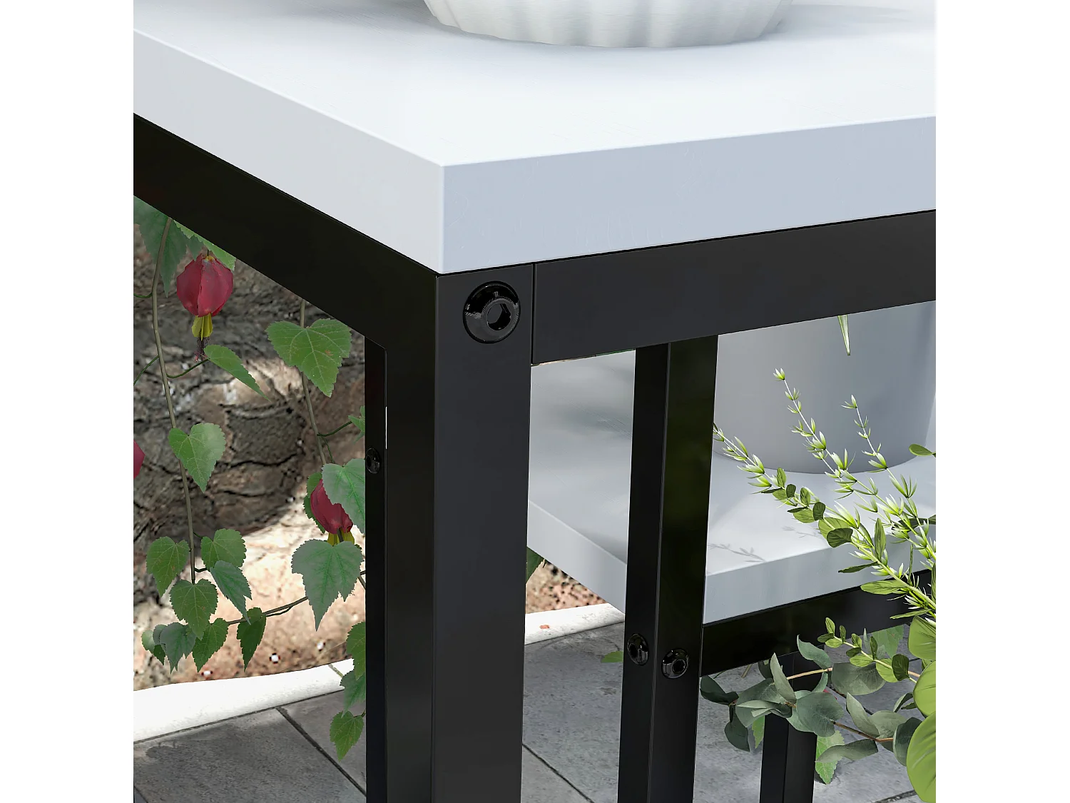 Scaffale per piante a 4 livelli in acciaio e legno bianco e nero