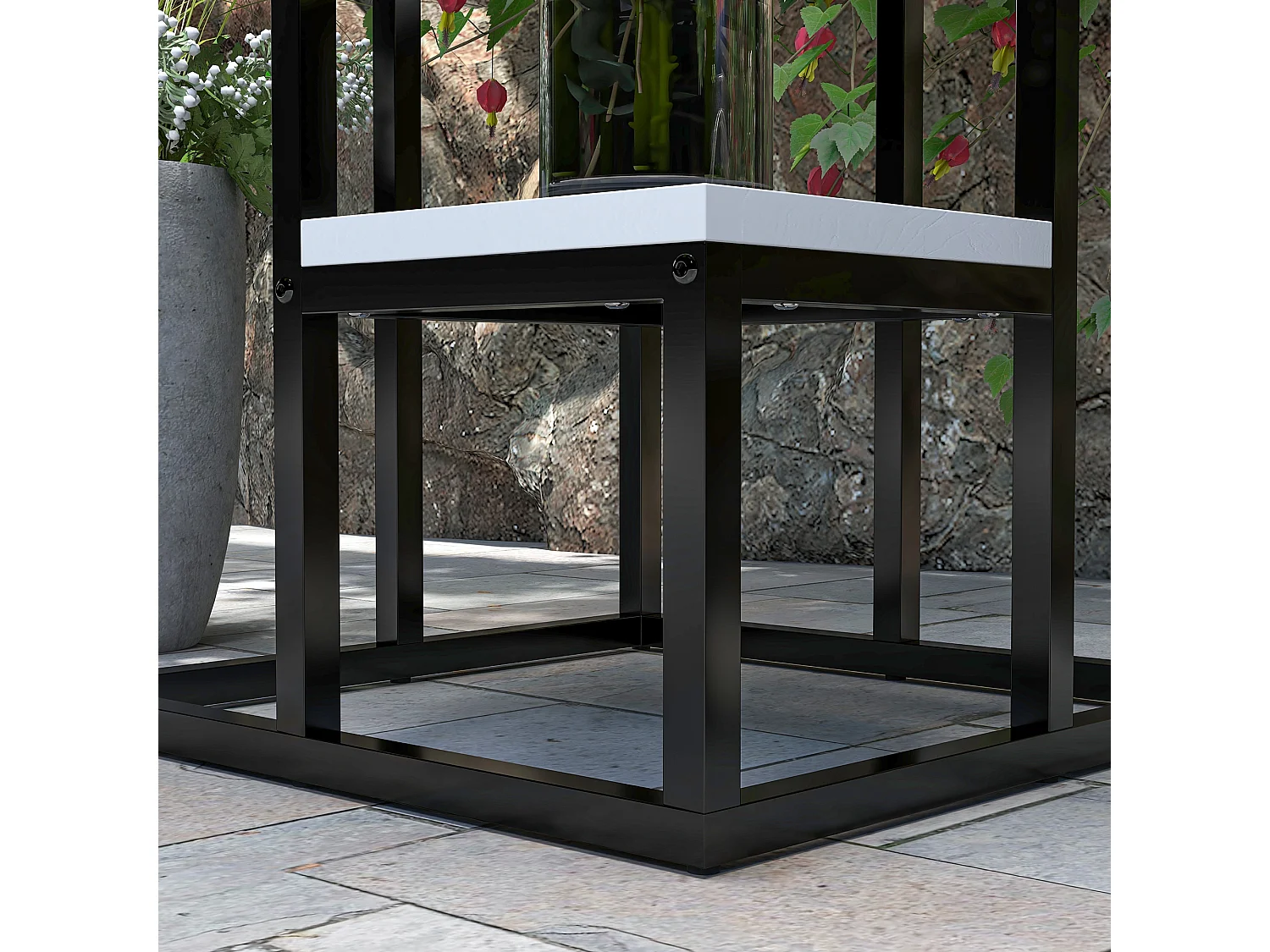 Scaffale per piante a 4 livelli in acciaio e legno bianco e nero