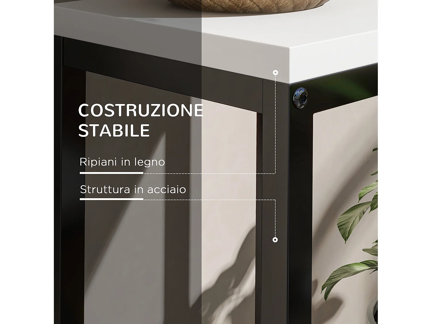 Scaffale per piante a 4 livelli in acciaio e legno bianco e nero