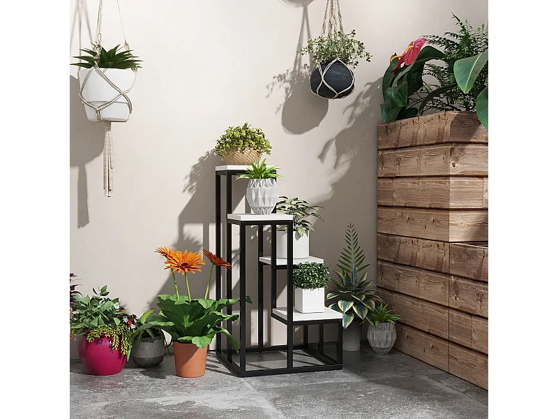Scaffale per piante a 4 livelli in acciaio e legno bianco e nero