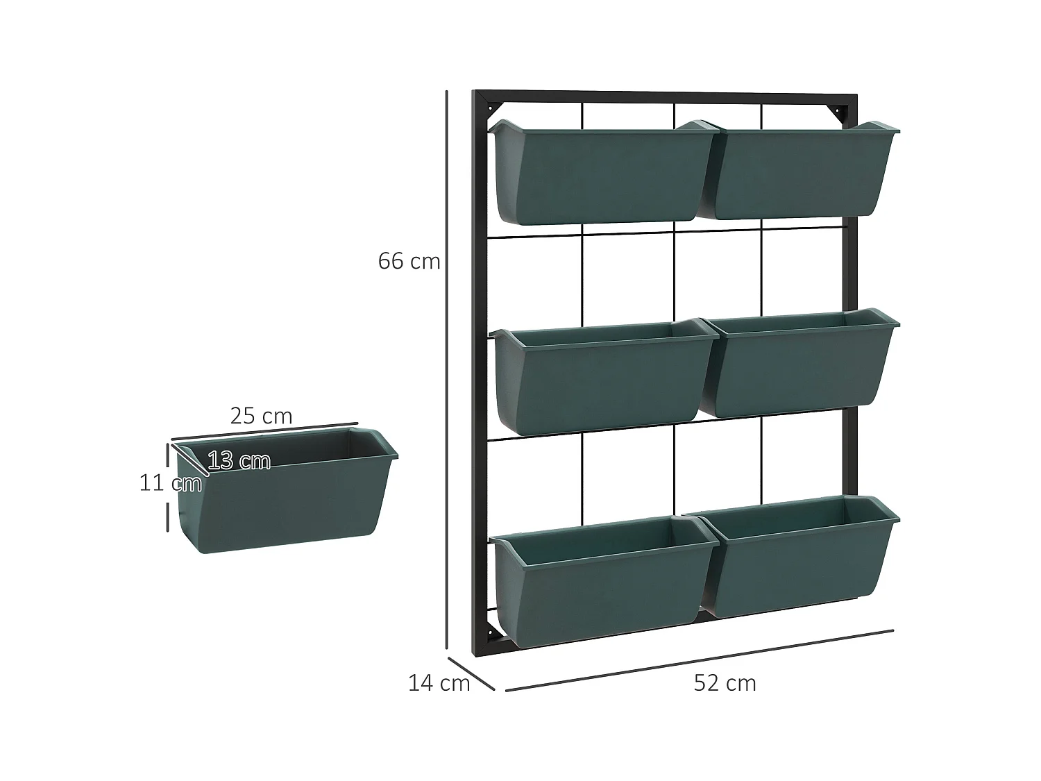 Orto verticale 3 livelli con 6 vasi in acciaio e plastica verde scuro