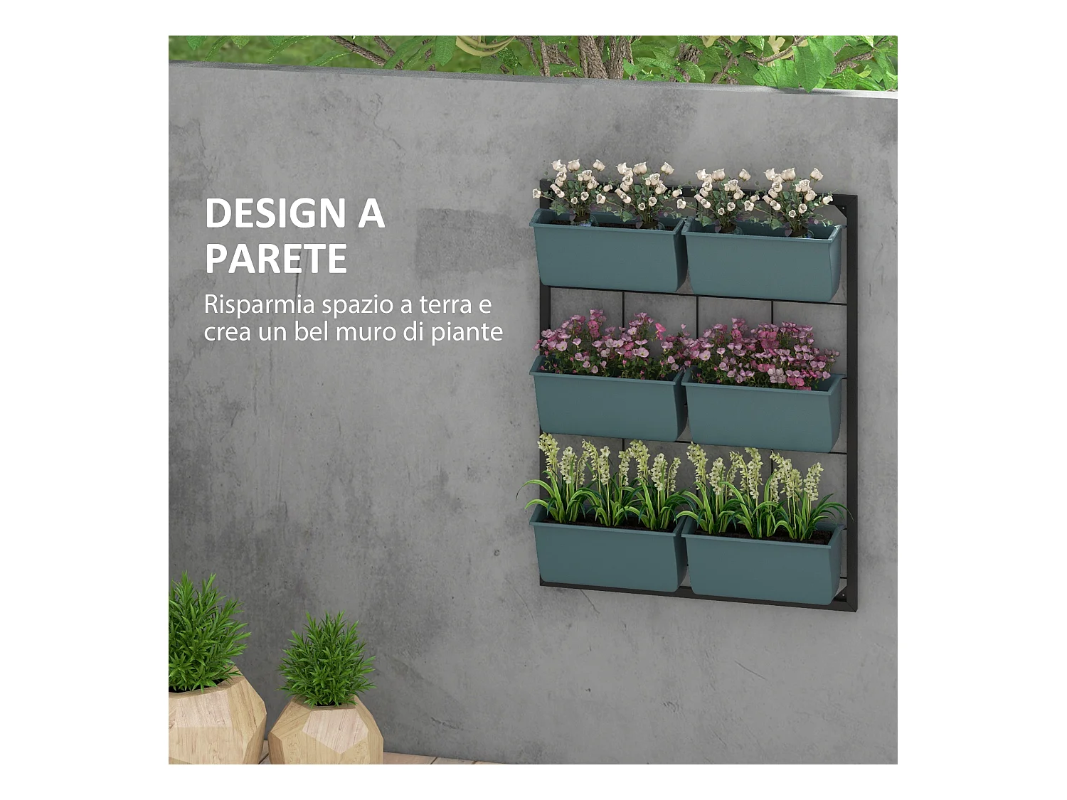 Orto verticale 3 livelli con 6 vasi in acciaio e plastica verde scuro
