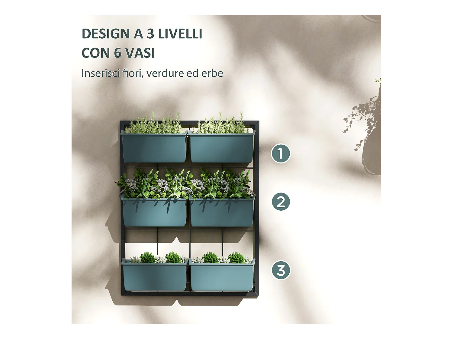 Orto verticale 3 livelli con 6 vasi in acciaio e plastica verde scuro