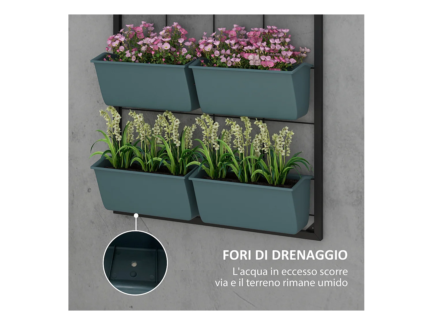 Orto verticale 3 livelli con 6 vasi in acciaio e plastica verde scuro