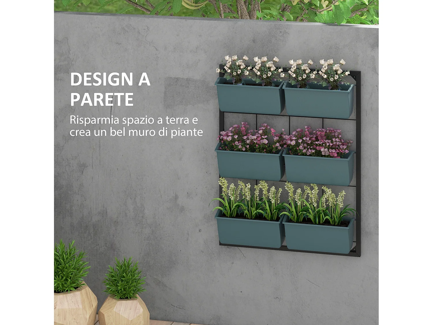 Orto verticale 3 livelli con 6 vasi in acciaio e plastica verde scuro