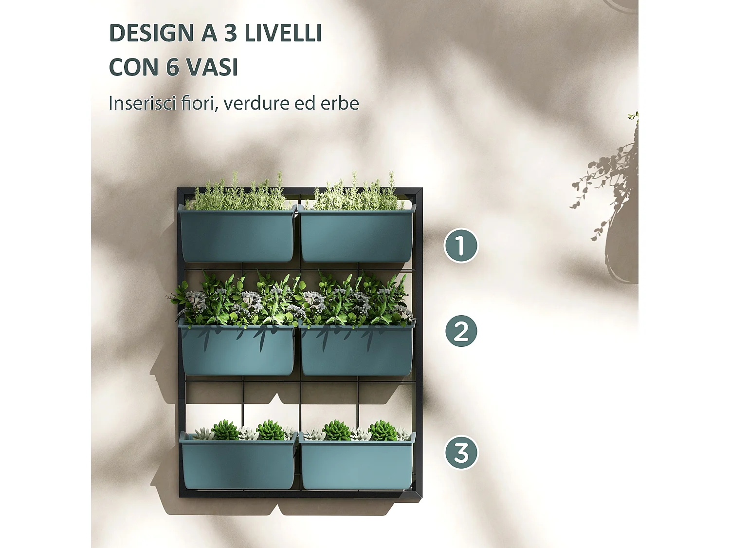 Orto verticale 3 livelli con 6 vasi in acciaio e plastica verde scuro