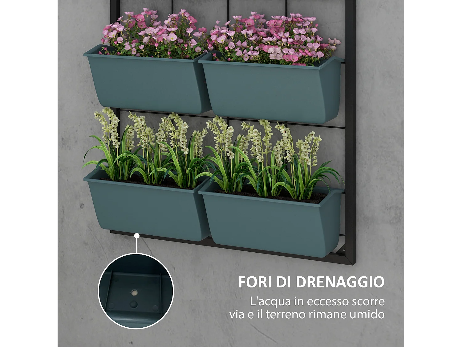 Orto verticale 3 livelli con 6 vasi in acciaio e plastica verde scuro