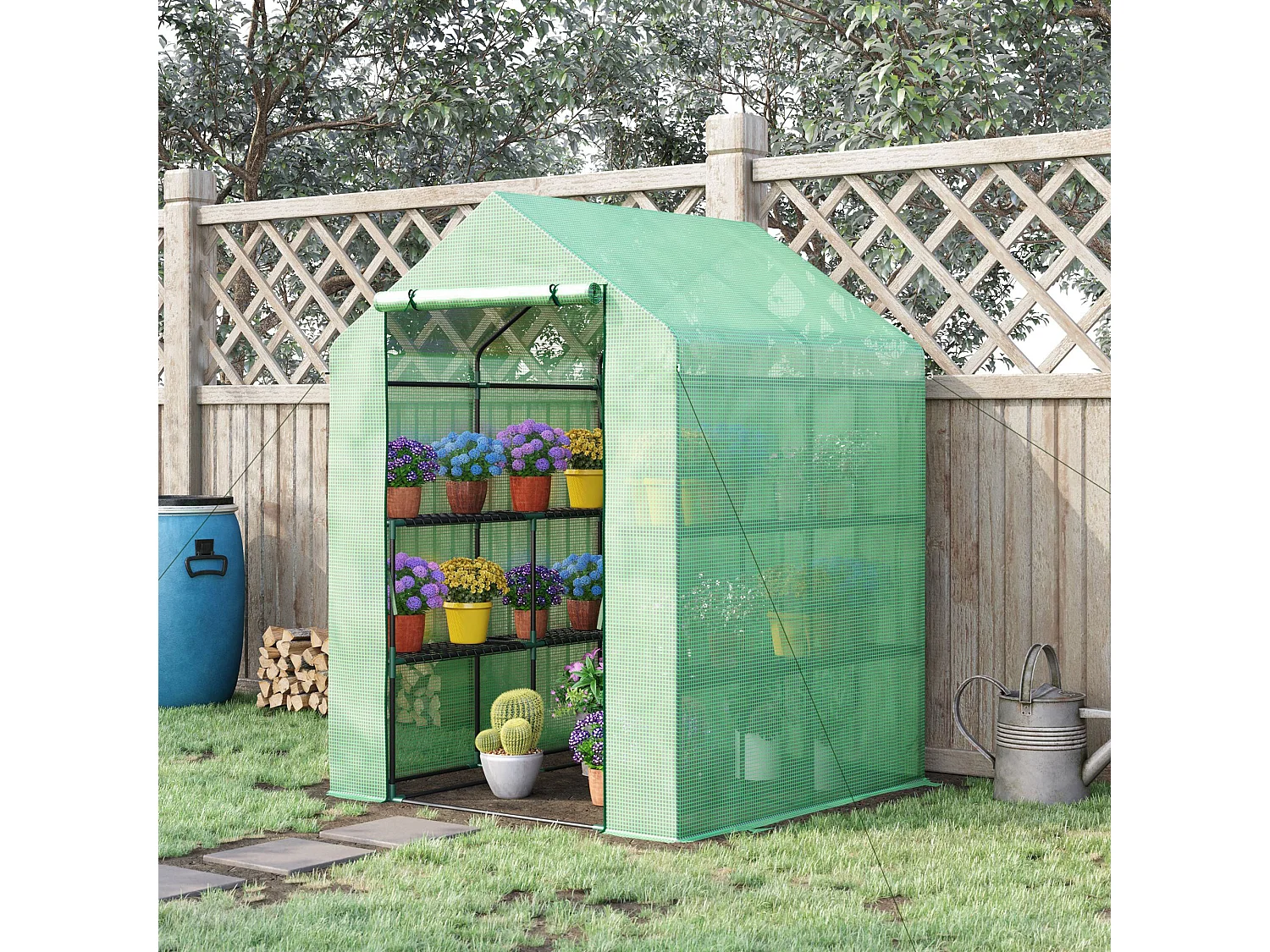 Serra da giardino con scaffali copertura pe porta avvolgibile