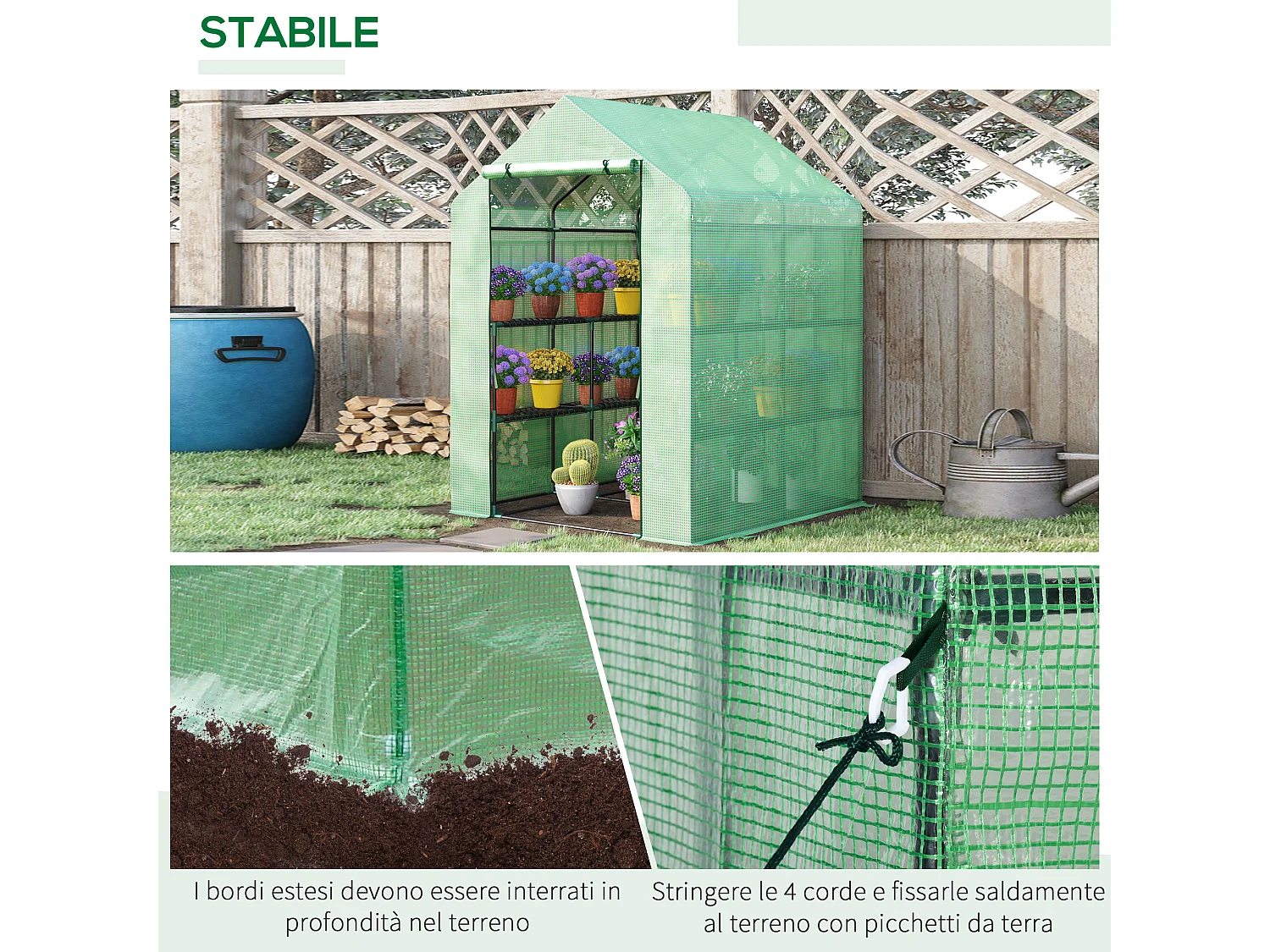 Serra da giardino con scaffali copertura pe porta avvolgibile