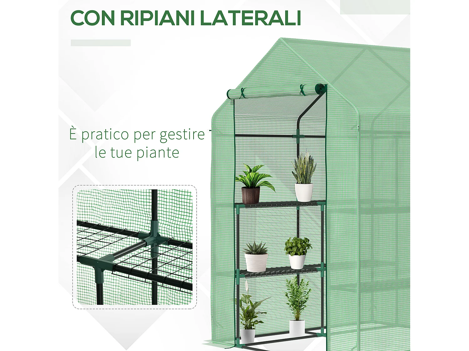 Serra da giardino con scaffali copertura pe porta avvolgibile