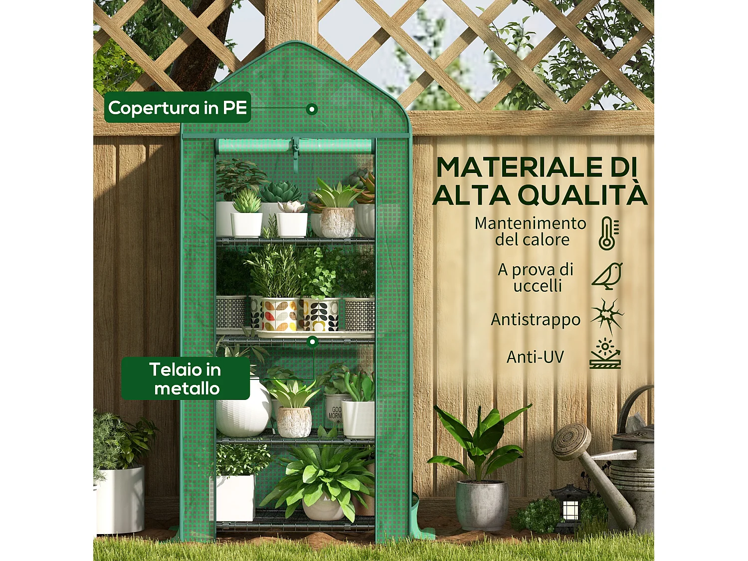 Serra da giardino a 4 ripiani in metallo e pe verde scuro