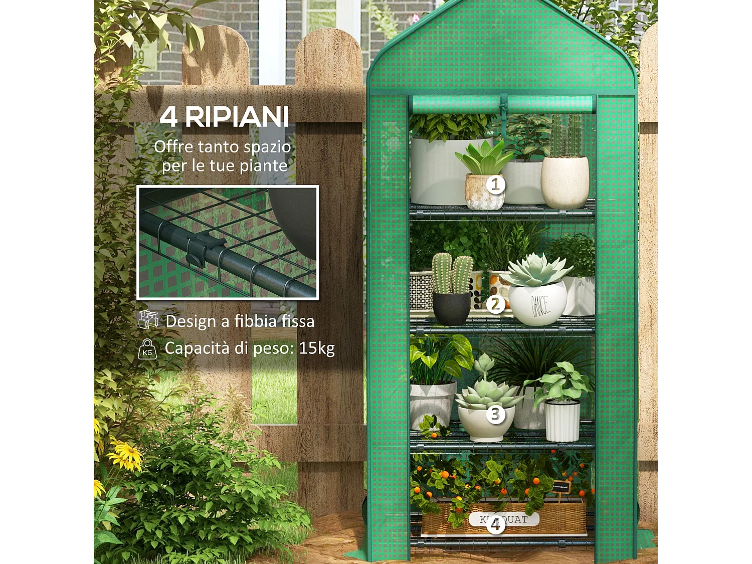 Serra da giardino a 4 ripiani in metallo e pe verde scuro