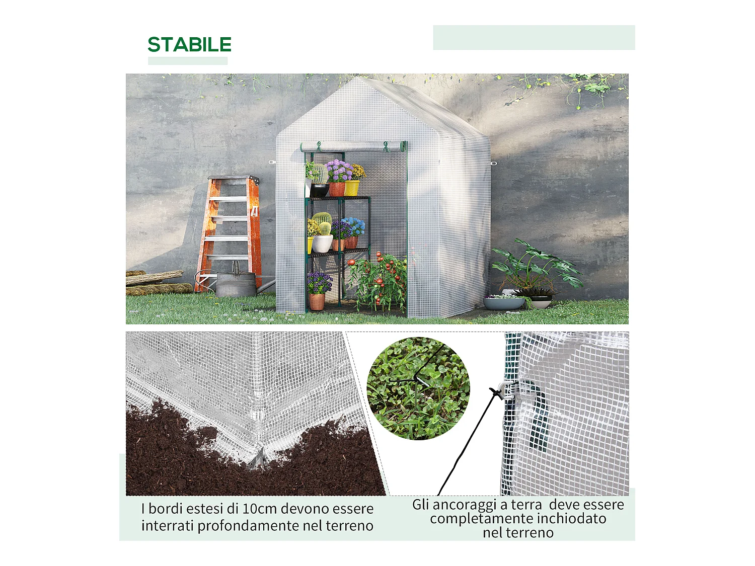 Serra da giardino in pe e acciaio con 2 scaffali bianca