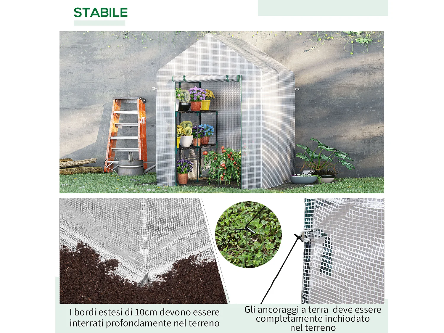 Serra da giardino in pe e acciaio con 2 scaffali bianca