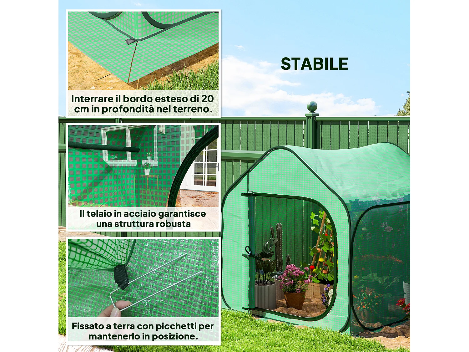 Serra a casetta pieghevole in acciaio e pe 150x148x148 cm verde