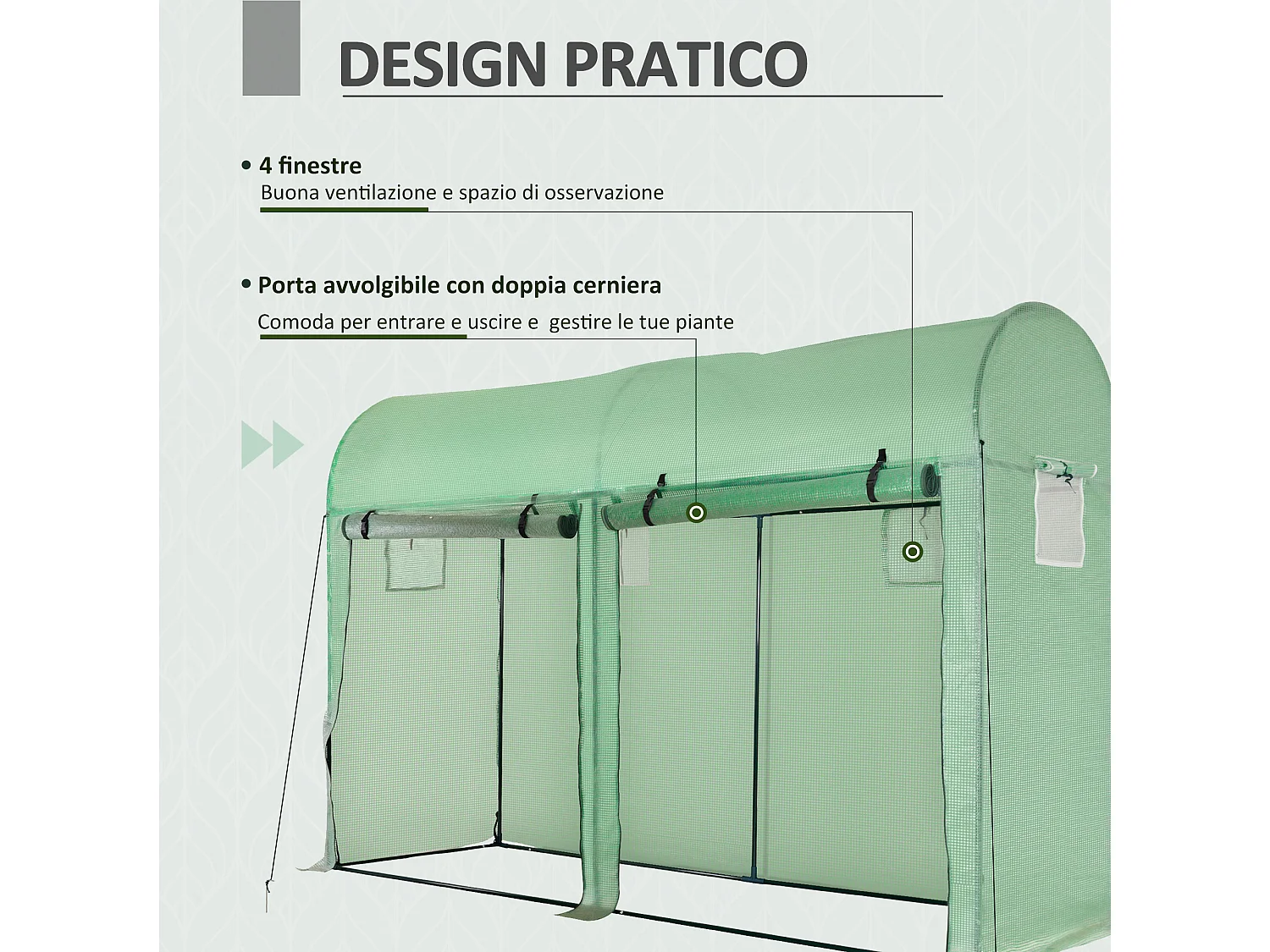 Serra a tunnel 2 porte avvolgibili 4 finestre in pe e acciaio 3x1x2 m