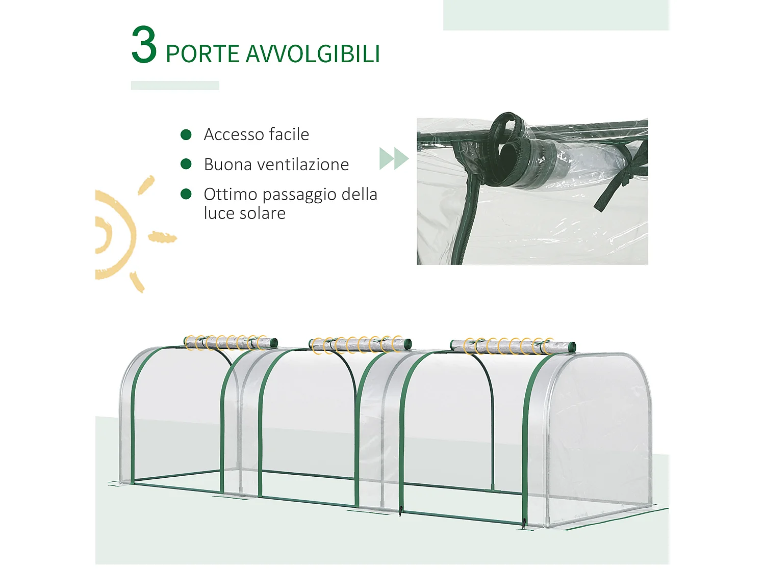 Serra a tunnel in pvc trasparente e acciaio porte a cerniera