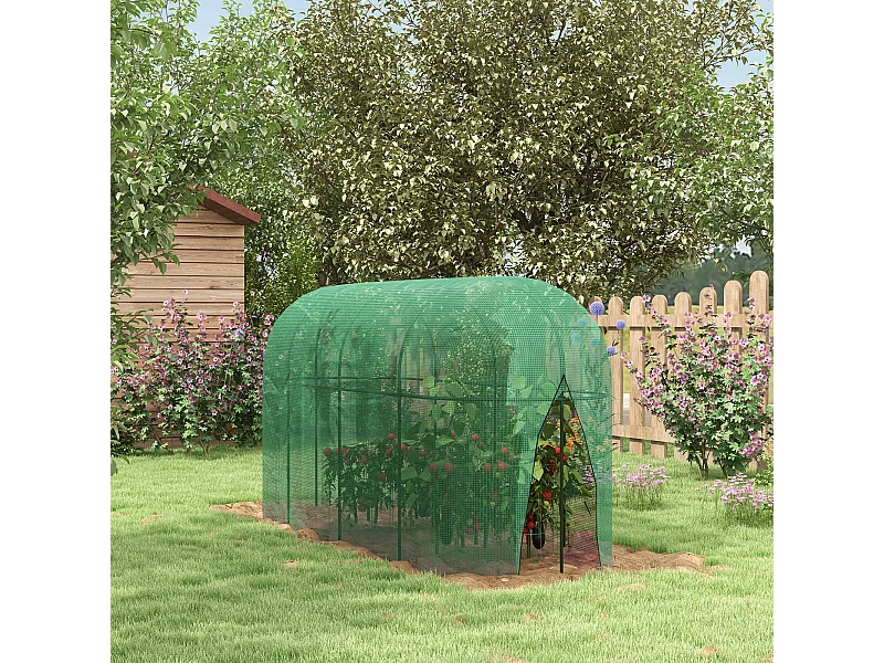 Serra per piante a rete con porta a cerniera in acciaio e pe verde