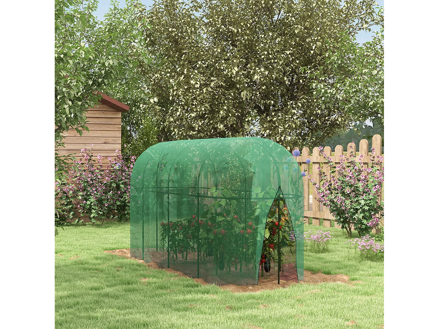 Serra per piante a rete con porta a cerniera in acciaio e pe verde