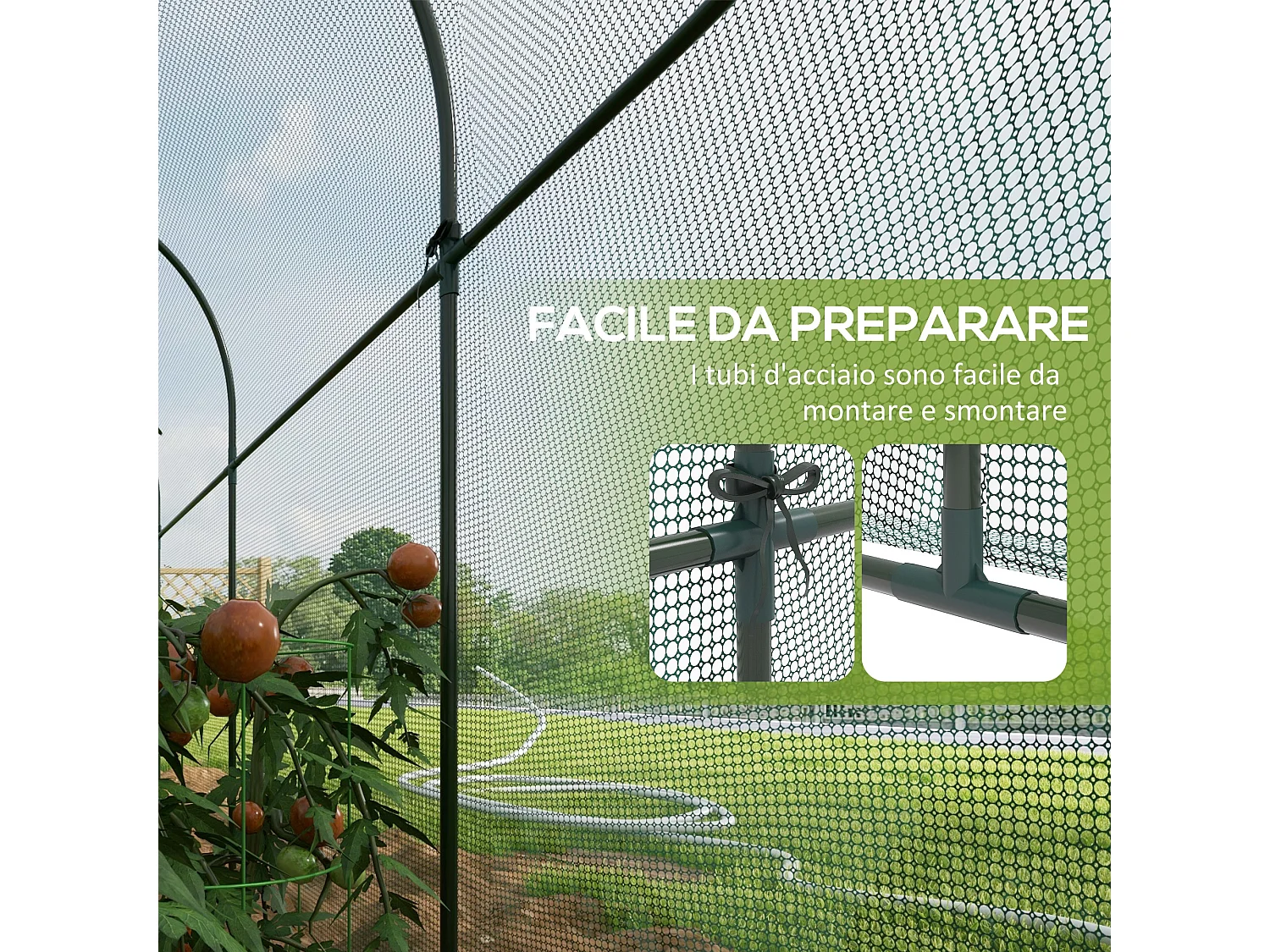Serra per piante a rete con porta a cerniera in acciaio e pe verde