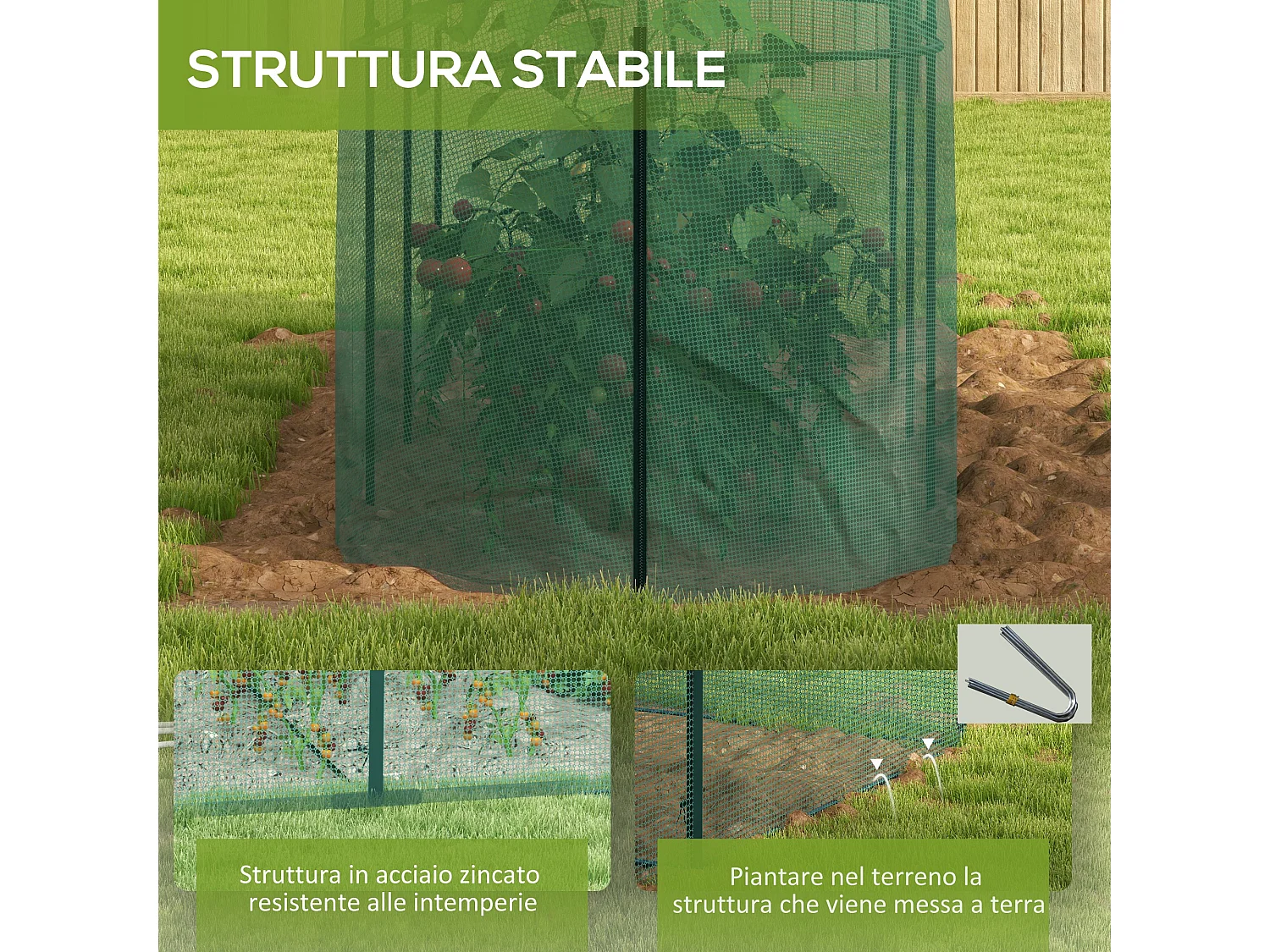 Serra per piante a rete con porta a cerniera in acciaio e pe verde