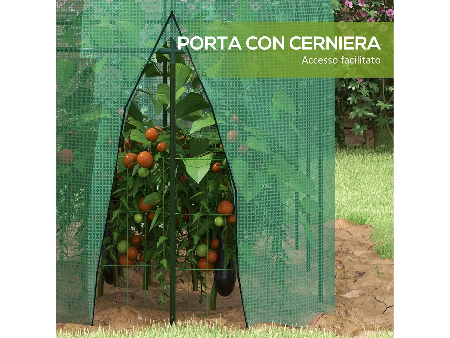 Serra per piante a rete con porta a cerniera in acciaio e pe verde