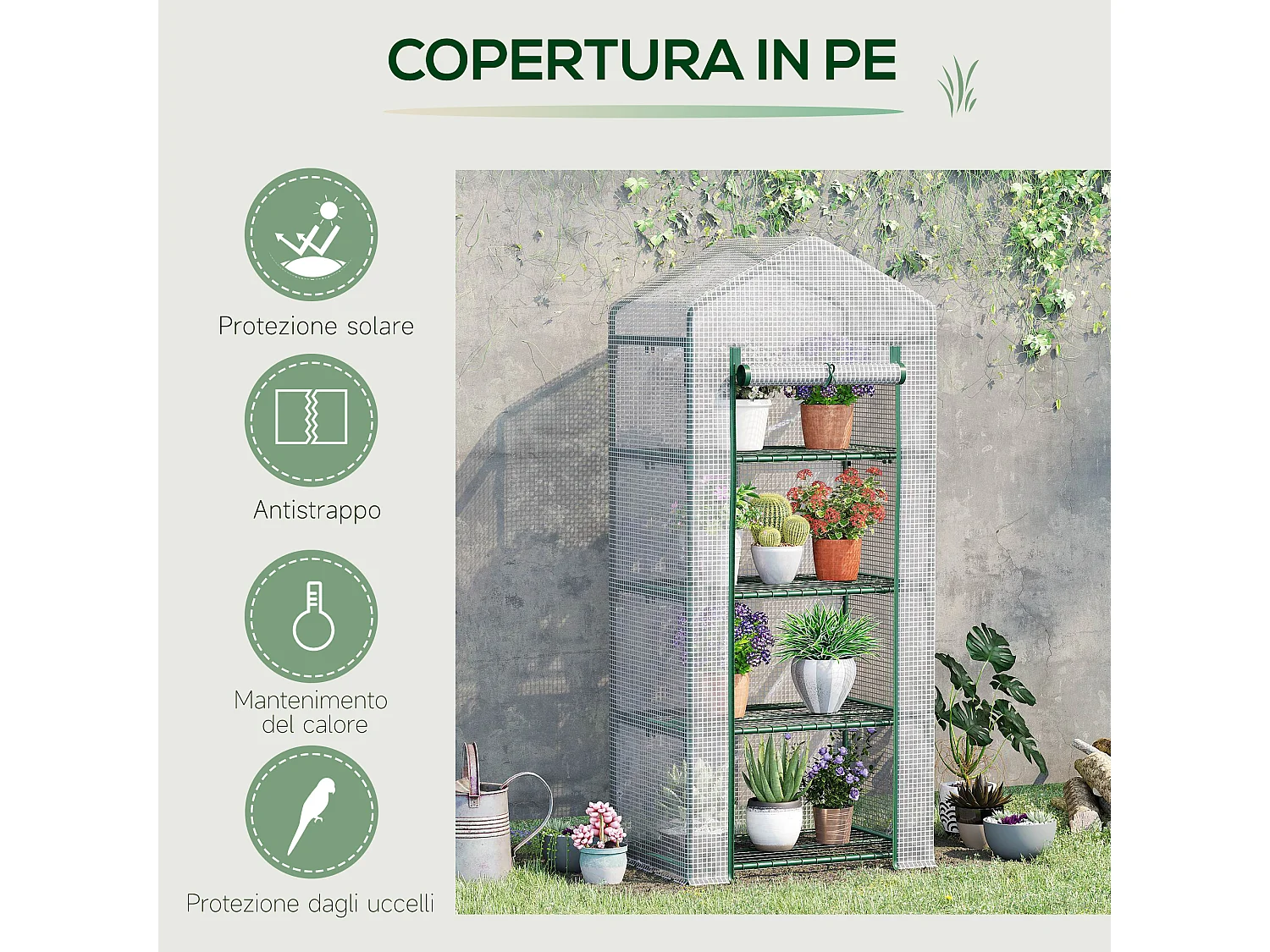 Serra verticale con 4 ripiani acciaio e pe bianco 70x50x160cm