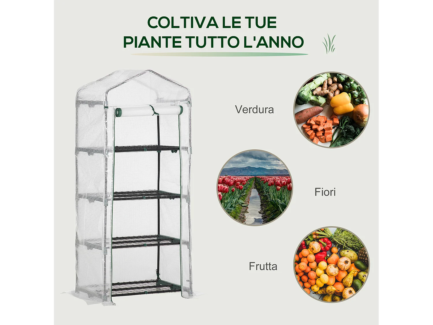 Serra verticale con 4 ripiani acciaio e pe bianco 70x50x160cm