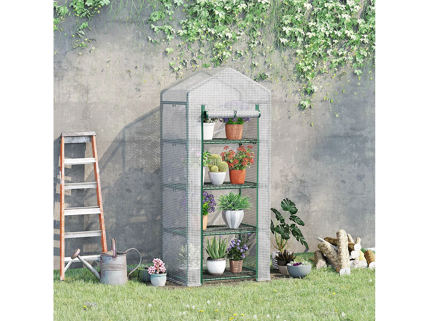 Serra verticale con 4 ripiani acciaio e pe bianco 70x50x160cm