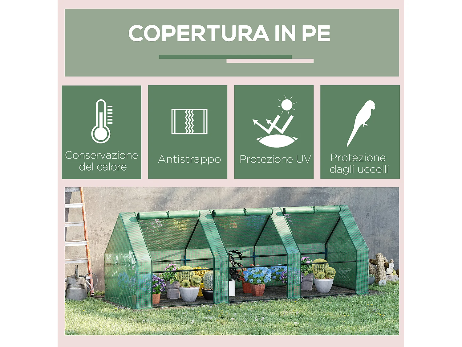 Serra da giardino a tunnel con copertura in plastica pe verde